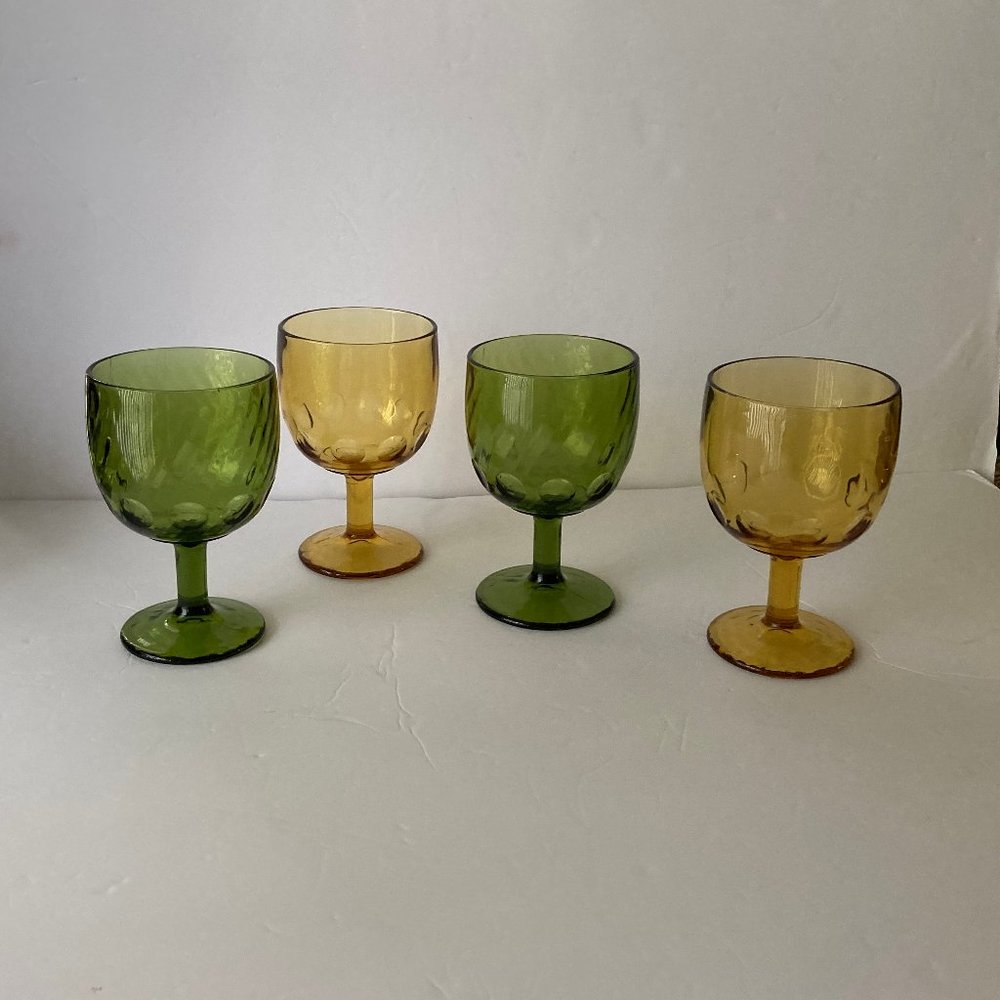 Four Bartlett Collins Mid Century Amber & Green Thumbprint Goblets